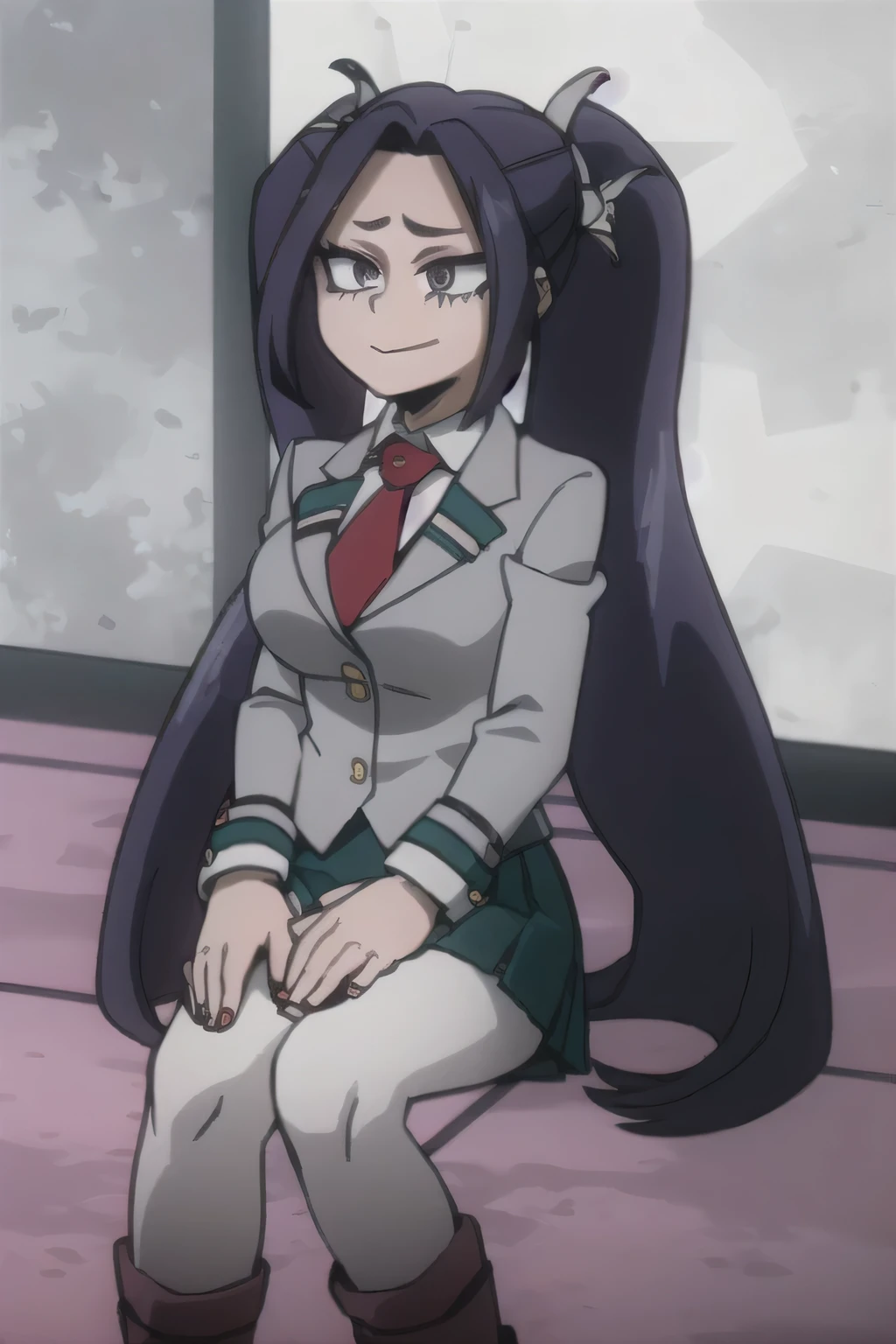 1 girl, big breasts, long hair, purple hair, twintails, purple eyes, smirk, gray jacket, red tie, white shirt, teal skirt, gray pantyhose, boots