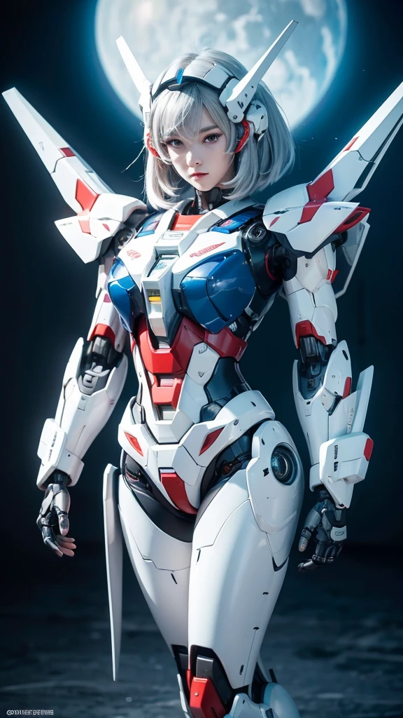 Textured skin, Super Detail, high details, High quality, Best Quality, hight resolution, 1080p, hard disk, Robot Girl,(Gundam Girl),beautiful cyborg woman,Mecha Cyborg Girl,Battle Mode,Girl with a Mecha Body,She wears a futuristic Gundam mecha,Fulll body Shot,Mobile Suit Girl