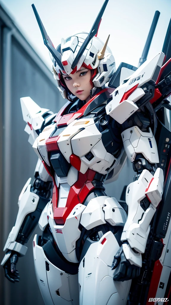 Textured skin, Super Detail, high details, High quality, Best Quality, hight resolution, 1080p, hard disk, Robot Girl,(Gundam Girl),beautiful cyborg woman,Mecha Cyborg Girl,Battle Mode,Girl with a Mecha Body,She wears a futuristic Gundam mecha,Fulll body Shot,Mobile Suit Girl