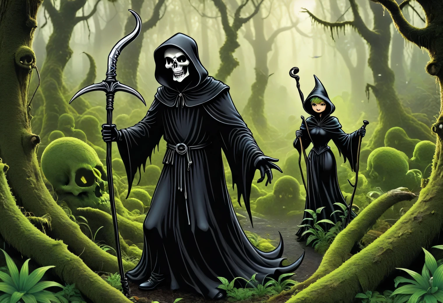 Aesthetics of vector graphics, surreal image of the scary and gloomy Black Grim Reaper standing in the middle of a dense mossy forest, mossy hummocks covered with moss and grass, surreal image of the Fairy Tinker Bell flies away from the Black Grim Reaper, Black Grim Reaper wants to catch the fairy Tinker Bell with his bony paw, vector graphics, high resolution, clear contours, colorful gradients