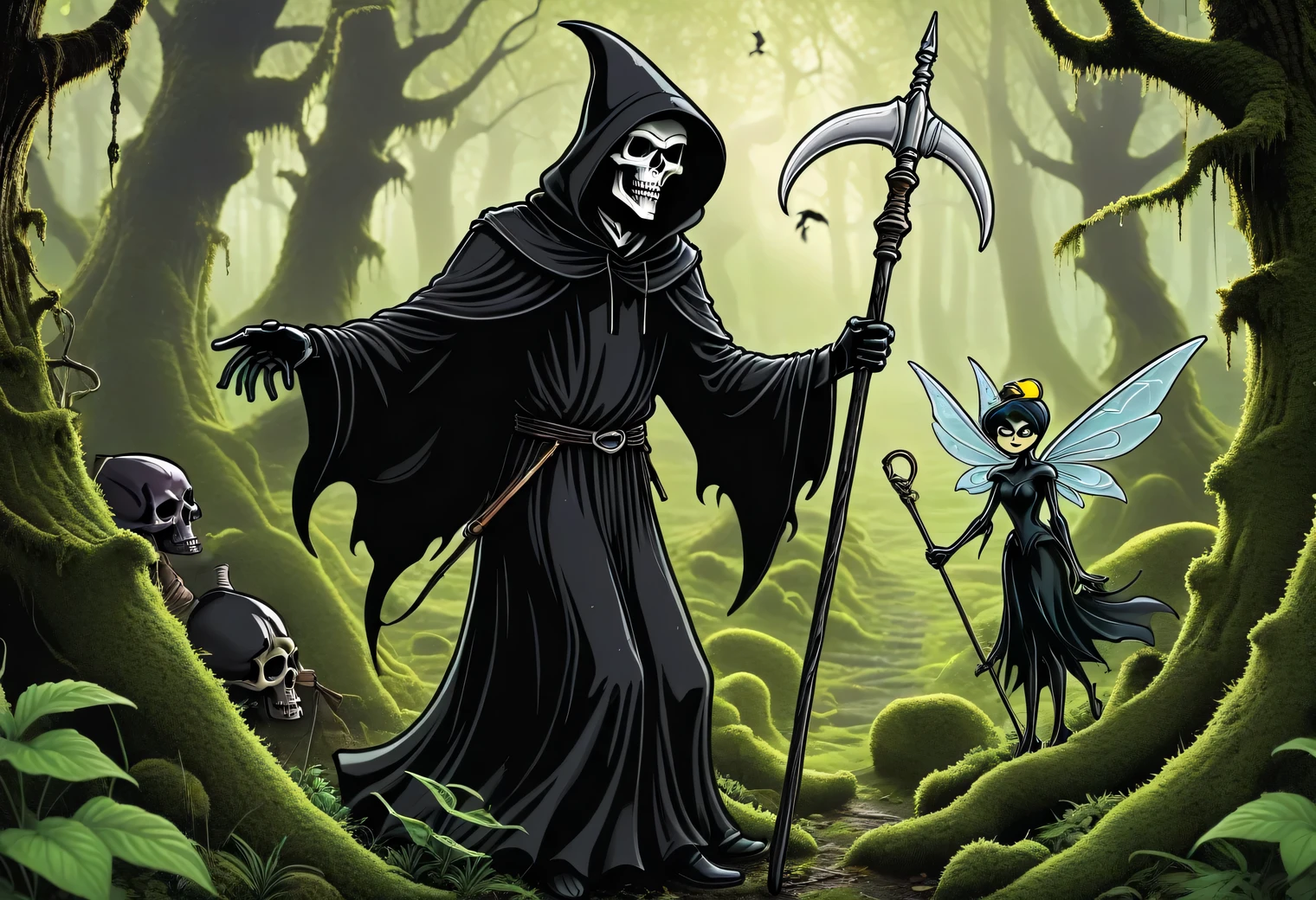 Aesthetics of vector graphics, surreal image of the scary and gloomy Black Grim Reaper standing in the middle of a dense mossy forest, mossy hummocks covered with moss and grass, surreal image of the Fairy Tinker Bell flies away from the Black Grim Reaper, Black Grim Reaper wants to catch the fairy Tinker Bell with his bony paw, vector graphics, high resolution, clear contours, colorful gradients