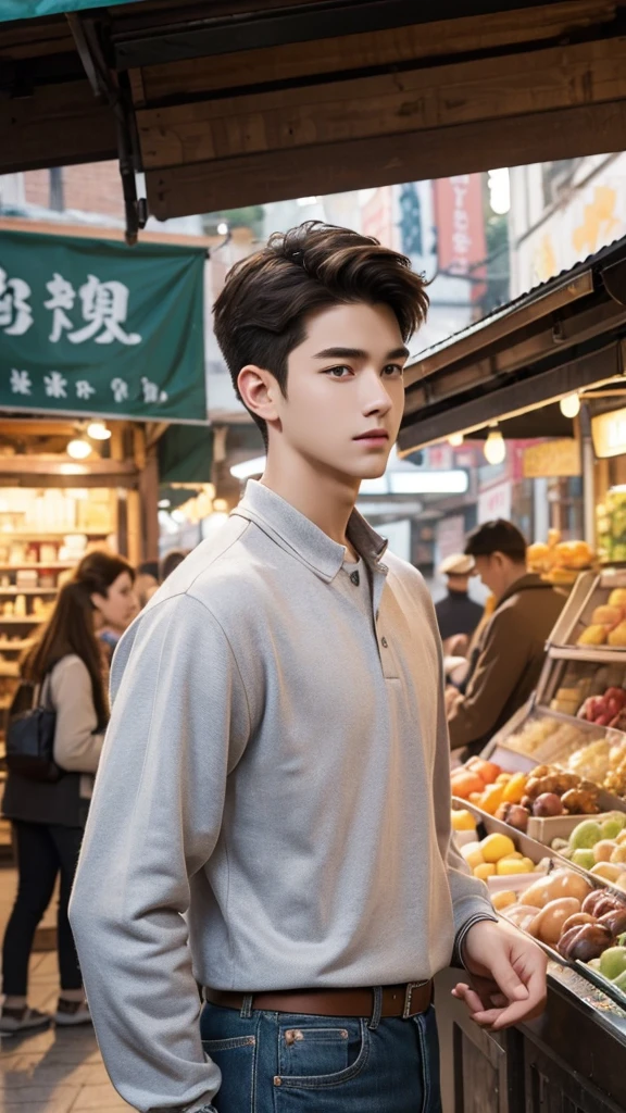((Best quality)), ((masterpiece)), (detailed), ((perfect face)), ((halfbody)) handsome face, male, teen boy, perfect proportions , an artwork created by nardack, casual outfit, detailed market interior scenery background