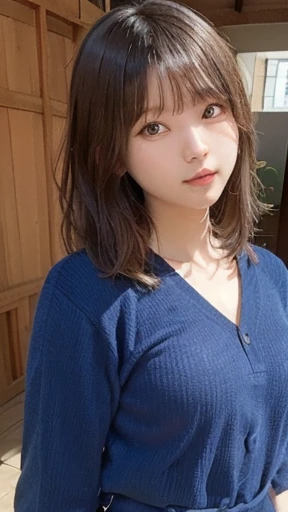 (8k, RAW Photos, highest quality, masterpiece: 1.3), breakone girl, (a beauty girl, delicate girl:1.3), (21 years old:1.5), break, (Blue clothes:1.5), break, Definition of ultrafine particles, (Symmetrical eyes:1.3), break, Small breasts, Brown eyes, Parted bangs, Brown Hair, girl, break, (Eye and facial details:1.3),break,smile,With Hasedera Temple in the background,With Hasedera Temple in the background,With Hasedera Temple in the background,With Hasedera Temple in the background