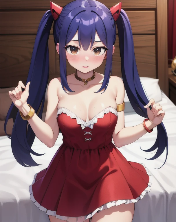 masterpiece, highest quality, High resolution, Arwendy, Long Hair, Twin tails, hair ornaments, Exposing shoulders,
,Bracelet, bracelet, Bedroom,Cowboy Shot,
Embarrassed,show off breasts