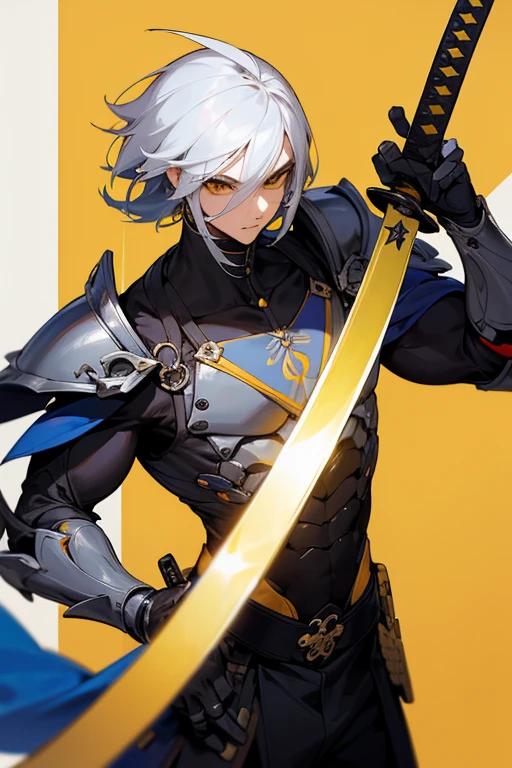 Personagem masculino, with advanced black technology armor, cabelos pretos,(( olho amarelos)),( corpo inteiro), (holding a technological katana)