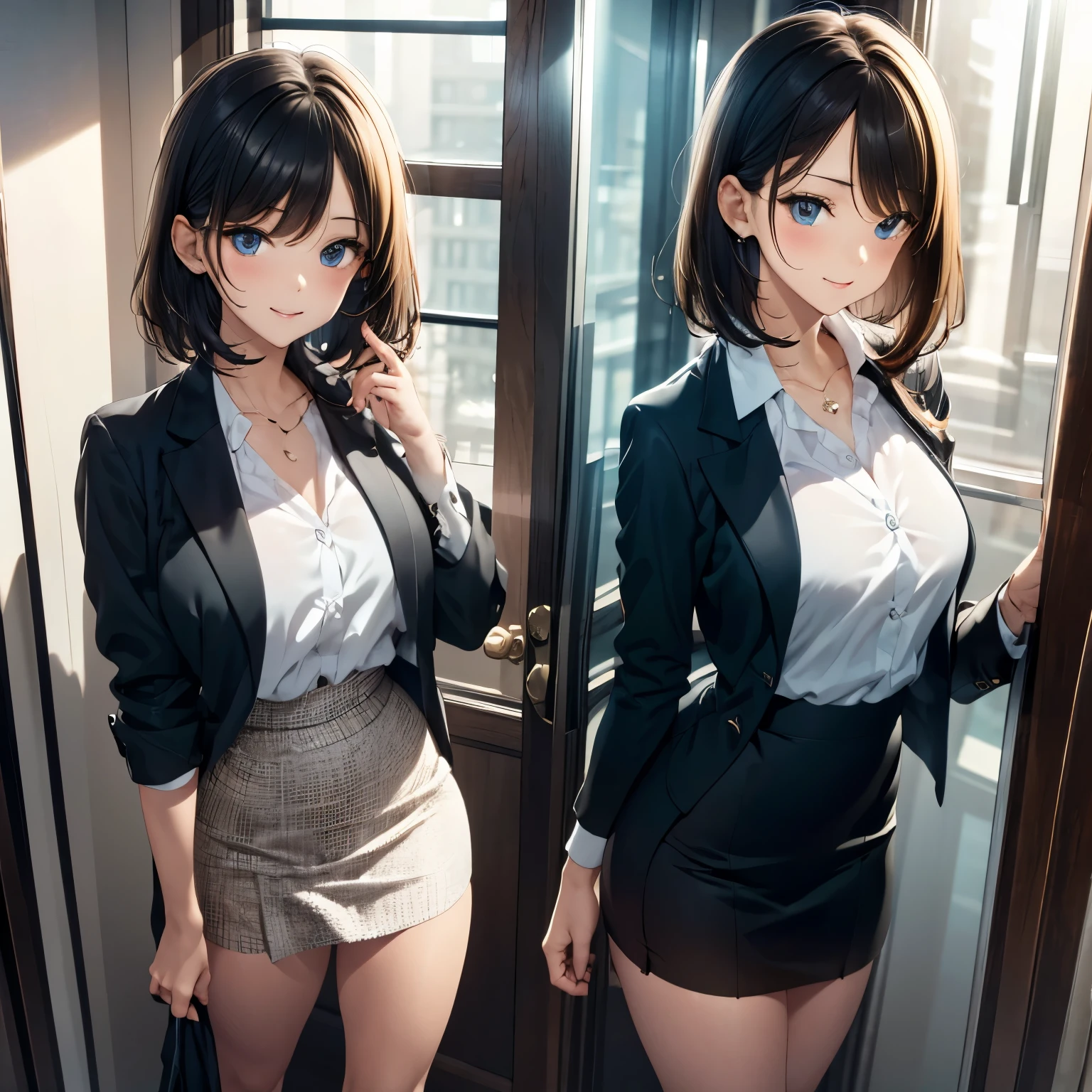 Bob,face up, Black suit,Whiteshirt,tight skirt,window