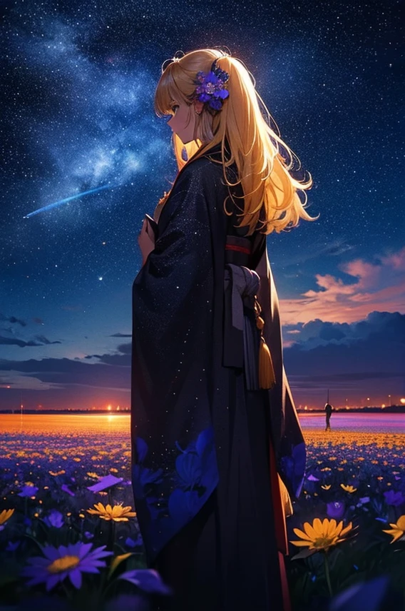 1people々々々々々々,Blonde long-haired woman,kimono ,silhouette, Rear View,Space Sky, Starry Sky,Flowing Clouds,Flower Field,Colorful flowers
