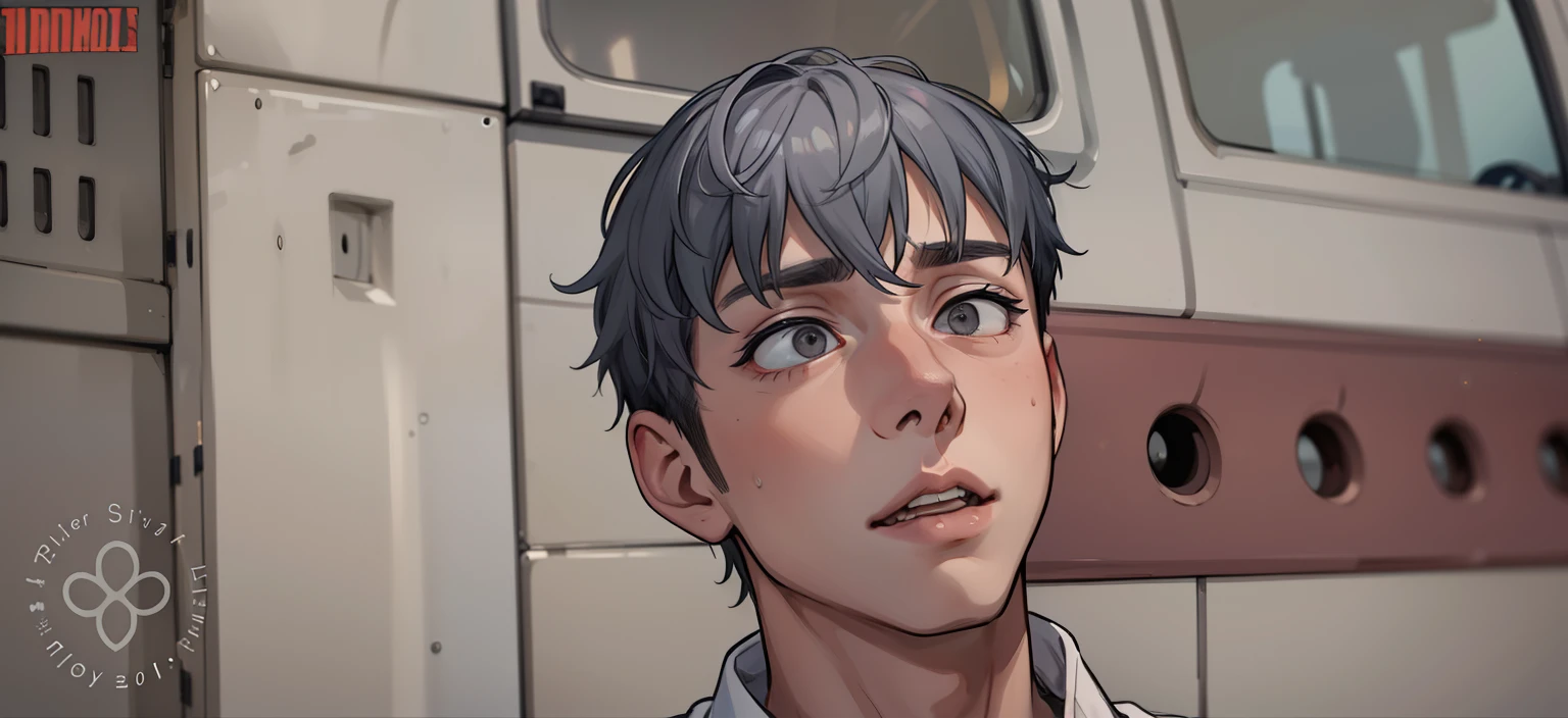 young man of 20 years old is scared worried has gray hair and gray eyes trying to save someone