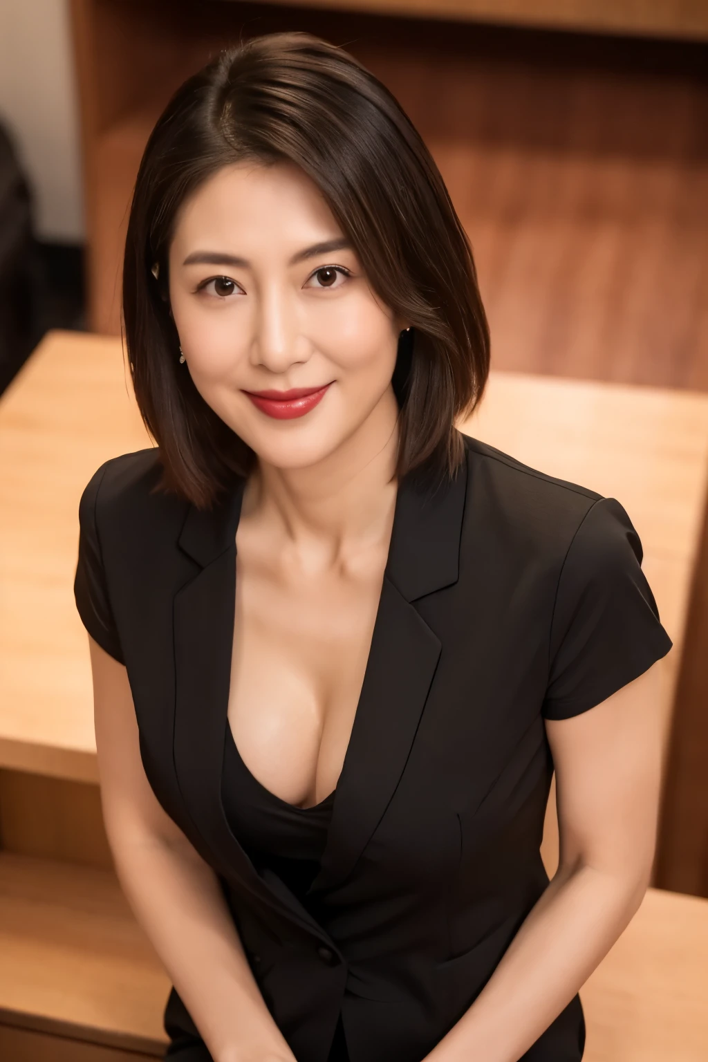 One Japanese woman, Detailed face, Red lipstick, Captivating look, From the chest up, highest quality, Very detailed, Perfect Anatomy, Wearing a black suit, Short sleeve, Straight Hair, Age 37, mature, sexy, A slight smile, Well-shaped D cup breasts, Cleavage, office, (Looking at the camera), (From above)