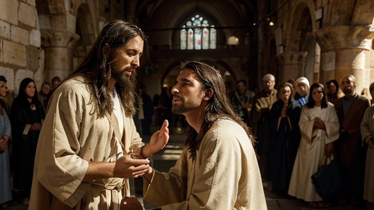 "A powerful and moving scene showing Jesus laying his hands on a blind man, performing a miracle. Jesus is at the center, dressed in traditional robes, with an expression of compassion and focus as he gently touches the head of the blind man. The man, previously with closed eyes and an expression of suffering, is now opening his eyes with a look of joy and surprise as he realizes he can see. Around them, a small crowd of witnesses watches in awe and reverence, some raising their hands in praise and others whispering in admiration. The background features a street in ancient Jerusalem, with stone buildings and market elements. Sunlight illuminates the scene, highlighting Jesus and the miracle taking place. The atmosphere is filled with a sense of wonder and spirituality, capturing the transformative moment of divine healing. The image size is 16:9, providing a widescreen view of the entire scene."