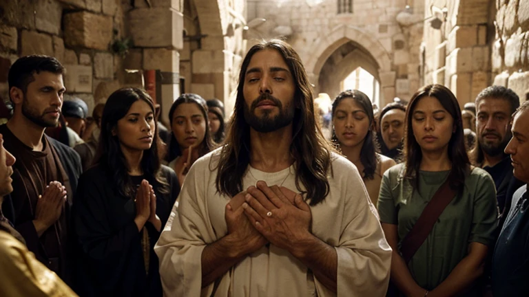 "A powerful and moving scene showing Jesus laying his hands on a blind man, performing a miracle. Jesus is at the center, dressed in traditional robes, with an expression of compassion and focus as he gently touches the head of the blind man. The man, previously with closed eyes and an expression of suffering, is now opening his eyes with a look of joy and surprise as he realizes he can see. Around them, a small crowd of witnesses watches in awe and reverence, some raising their hands in praise and others whispering in admiration. The background features a street in ancient Jerusalem, with stone buildings and market elements. Sunlight illuminates the scene, highlighting Jesus and the miracle taking place. The atmosphere is filled with a sense of wonder and spirituality, capturing the transformative moment of divine healing. The image size is 16:9, providing a widescreen view of the entire scene."