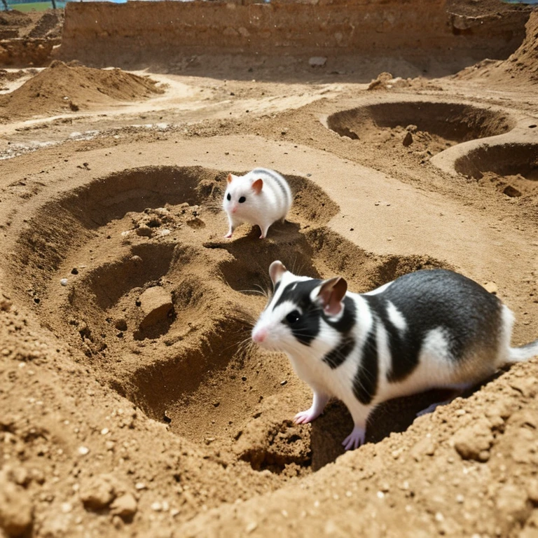 Archaeologist Hamster:Hamster digging up fossils at an excavation site。