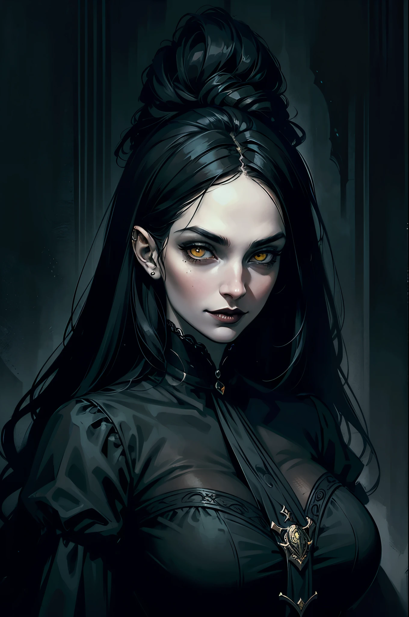 Woman with black long hair and yellow eyes in black shirt, white lips,  huge breasts, evil smiling, Vampire Girl, Dark, But detailed digital art, dark fantasy style art, Portrait of a vampire, androgynous vampire, Dark art style, style of charlie bowater, gothic horror vibes, tom bagshaw artstyle, gothic art style, dark fantasy portrait, neoartcore and charlie bowater
