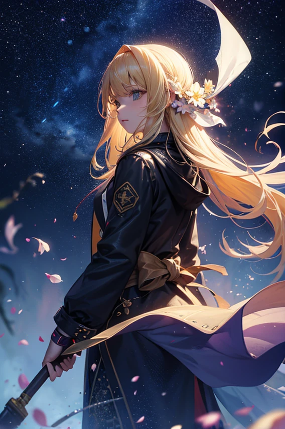 １people々々々々々々,Blonde long-haired woman，Long coat， Dress Silhouette， Rear View，Space Sky, Starry Sky，rainbow，Flower Field，Colorful flowers