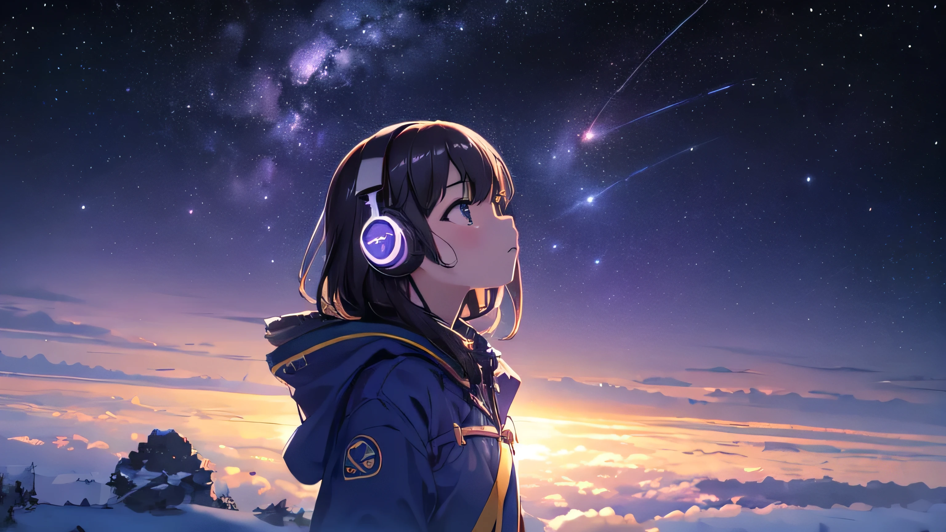 masterpiece, highest quality, One girl, Look away, Girl wearing headphones、Looking up at the night sky, admiring the vast purple-blue Milky Way Galaxy visible just beyond the horizon。.. Distant photography. Cinematic. Wide-angle. 4K.