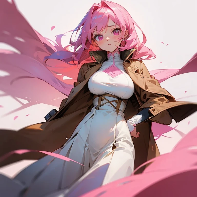 Busty anime girl with pink hair and light pink eyes wearing a brown coat and a white long skirt