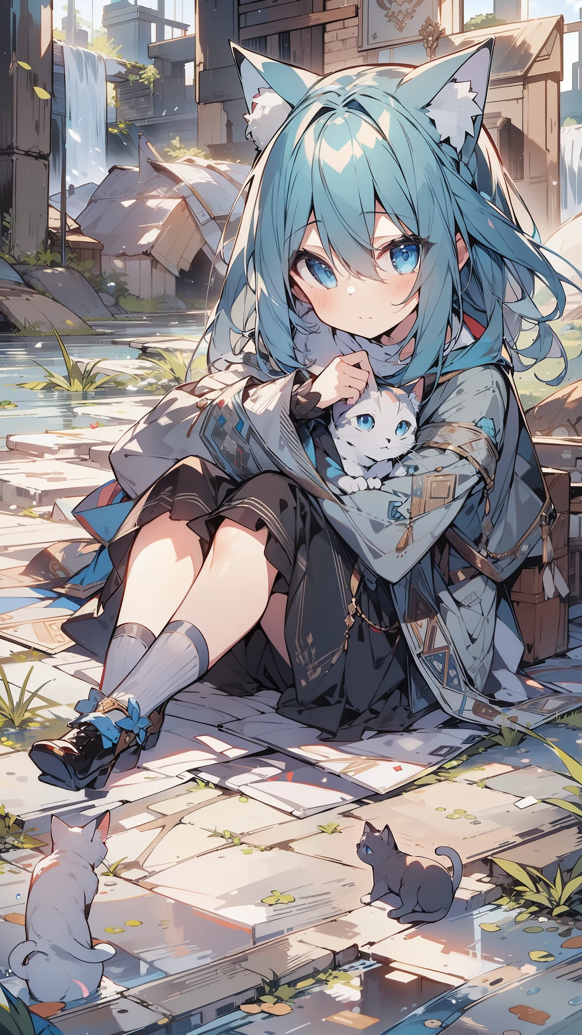 (masterpiece:1.2),(anime),(Close-up:1.2)、((Lost civilization、Devastated Land、Girl Traveling)),Otherworldly clothing、Grey World,One Girl、Cat1匹,(Cat:Blue Eyes),(Catと一緒),(Sit on the ground)
