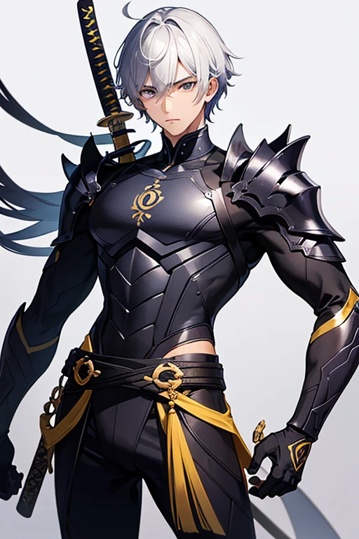 Personagem masculino, with advanced black technology armor, cabelos pretos,(( olho amarelos)),( corpo inteiro), (holding a technological katana)