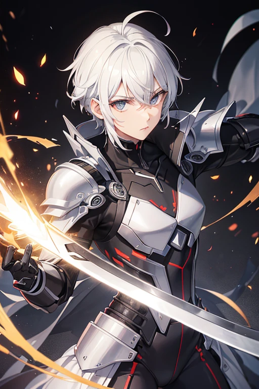 Personagem masculino, with advanced black technology armor, cabelos pretos,(( olho amarelos)),( corpo inteiro), (holding a technological katana)