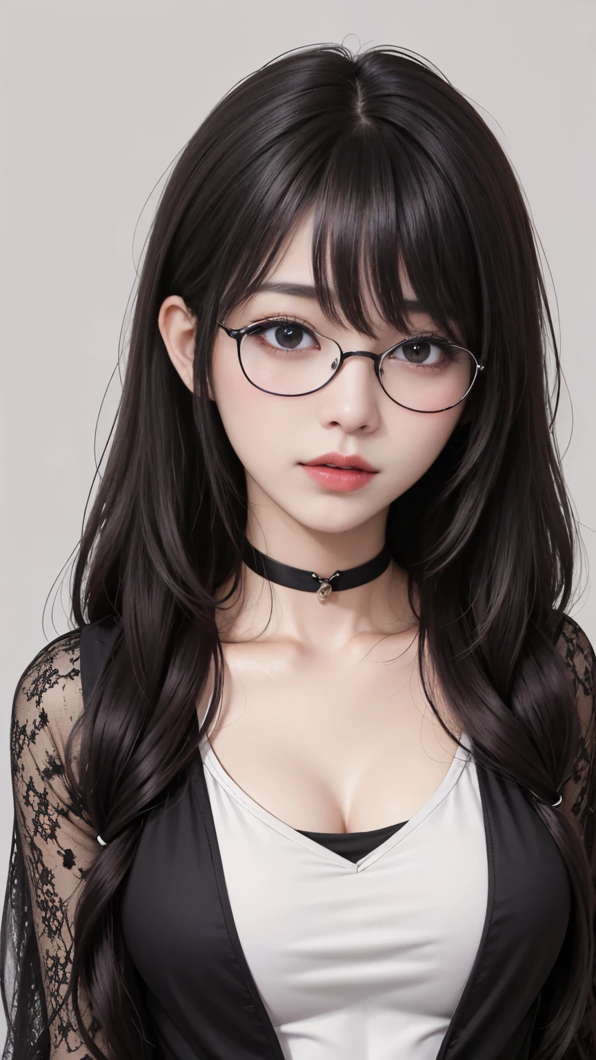 background（黒いnight空，Big Moon），Close-up of a woman，Wearing a white shirt、((Black-rimmed glasses))、Purple Hair，Very long hair，very thick braids，Purple eyes，big ， realistic girl rendering, 8k artistic german bokeh, Enchanting girl, Real Girl, Gurwitz, Gurwitz-style artwork, Girl Roleplay, Realistic 3D style, cgstation Popular Topics,, 8K Portrait Rendering,（truth，truth：1.4），巨big ，Sparkling eyes，Purple eyes、Captivating beauty、Attractive adult woman、Beautiful woman、Cool girl、evil female、brainwashingされた、brainwashing、Fallen into evil、Grin、邪evilな表現、邪evilな笑顔、evil、Brown Hair、Wavy Hair、Swept-apart bangs、Heavy makeup、Heavy makeup、Sharp Eye、Hollow Eyes,Half-closed eyes、Hollow Eyes、Purple Eyeshadow、Black lipstick、Black lip gloss、Long black cheongsam、Wide sleeves、night、Spooky Fortressscape Brush、Compensate、Are standing、