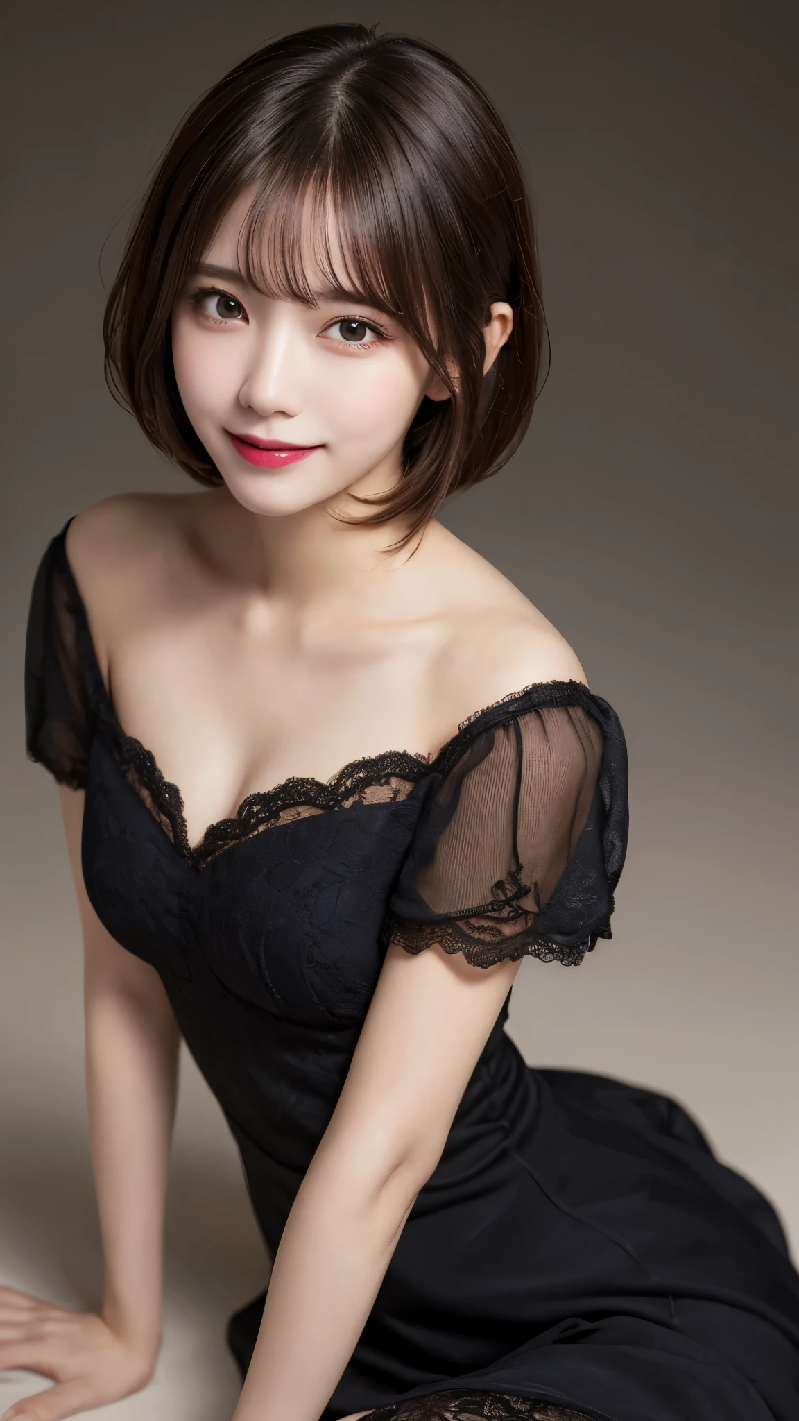 highest quality, shape, Very detailed, In detail, High resolution, 8k wallpaper, Perfect dynamic composition, Beautiful details, dress,Very short hair, Center of chest, Natural color lip, Random sexy poses,smile,Woman with perfect body