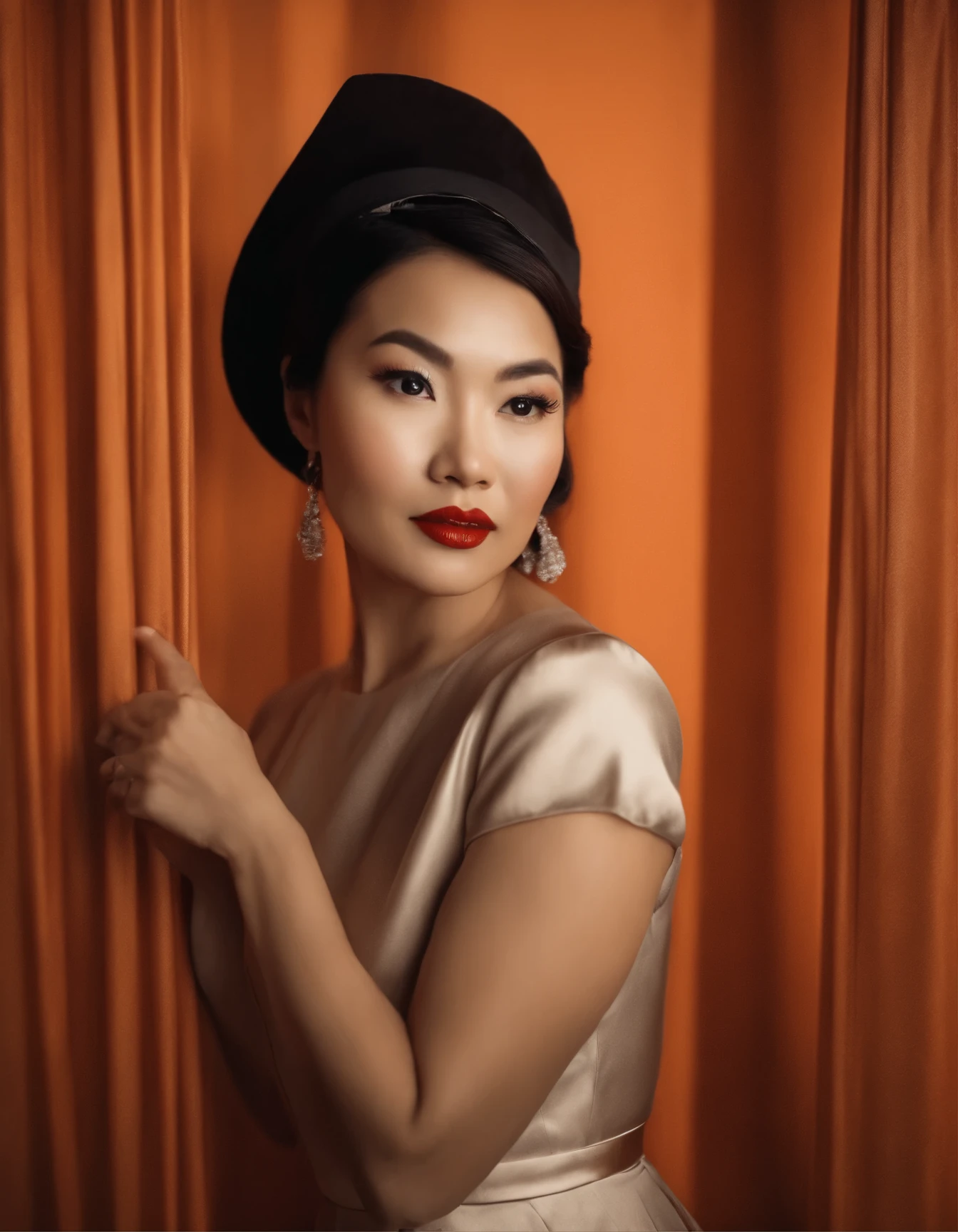 Asian woman in retro dress with beret, in the retro photo booth, medium close-up, Cores laranja e branco, foto de alta qualidade