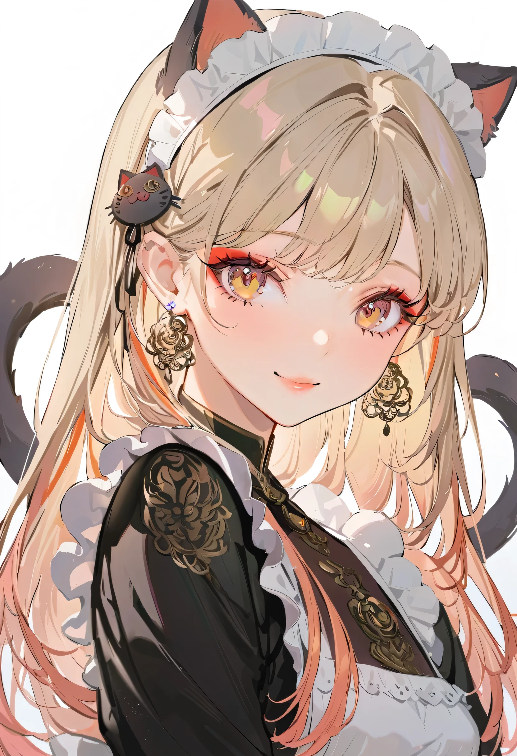 (neko maid:1.5),(best quality,ultra-detailed,highres:1.2),beautiful girl with flawless face,very_long eyelashes, detailed lips, radiant smile, soft skin, glossy hair,vibrant background, natural lighting,The cutest girl in the world,Exquisite makeup,Double tail