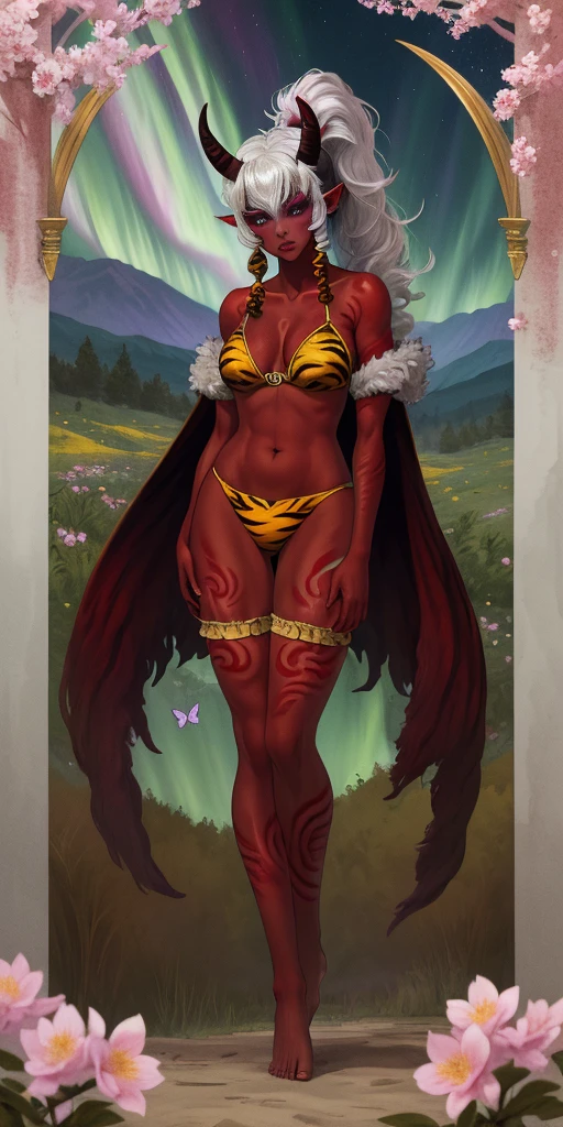 1 girl, (((oni girl))), (((red skin))), horns, white hair, ponytail, fascinated expression, full body portrait, outside, forest, mountains, butterflies wings wingedor, flowery meadow, best quality, (masterpiece),(ultra detailed high quality) (high resolution) aurora atria, bangs, crescent, crescent hair ornament, curled horns, fur trim, grey hair, hair ornament, 2horns 2legs 2arms barefoot bare arms, purple eyes, sheep horns, cape, Sakura flower hair ornament, yellow tiger print BIKINI stockings sleeves