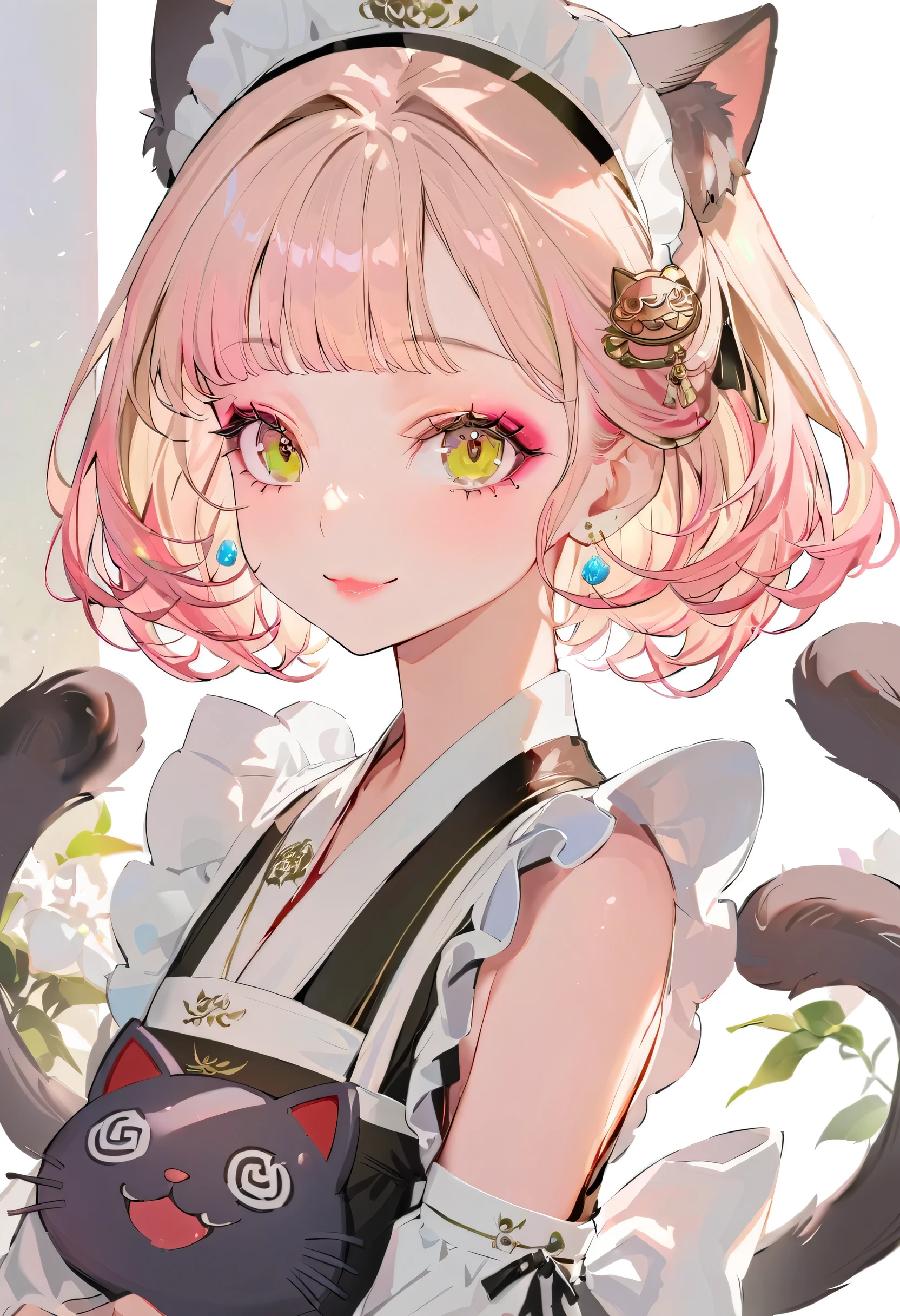 (neko maid:1.5),(best quality,ultra-detailed,highres:1.2),beautiful girl with flawless face,very_long eyelashes, detailed lips, radiant smile, soft skin, glossy hair,vibrant background, natural lighting,The cutest girl in the world,Exquisite makeup,Double tail