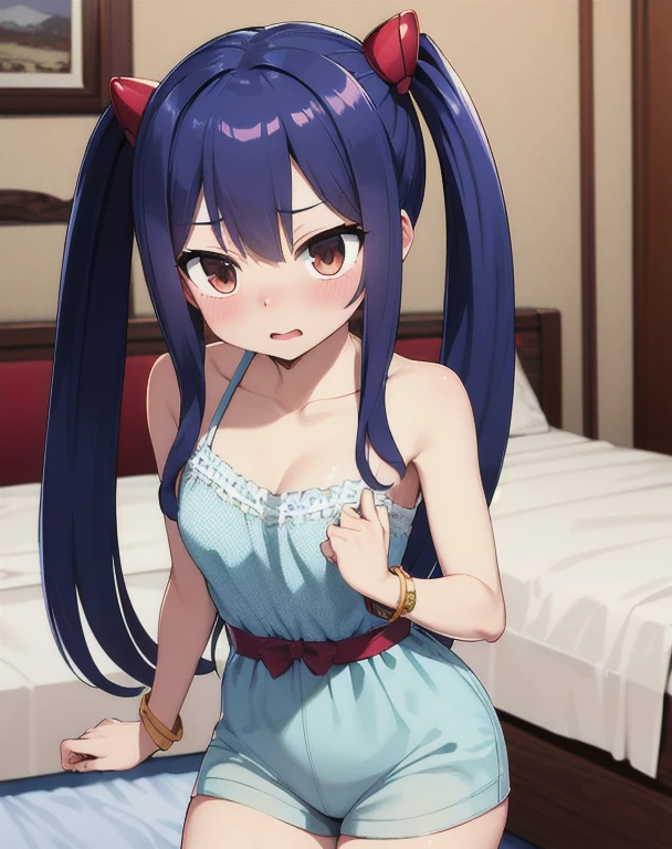masterpiece, highest quality, High resolution, Arwendy, Long Hair, Twin tails, hair ornaments, Exposing shoulders,
,Bracelet, bracelet, Bedroom,Cowboy Shot,
Embarrassed,press breasts together