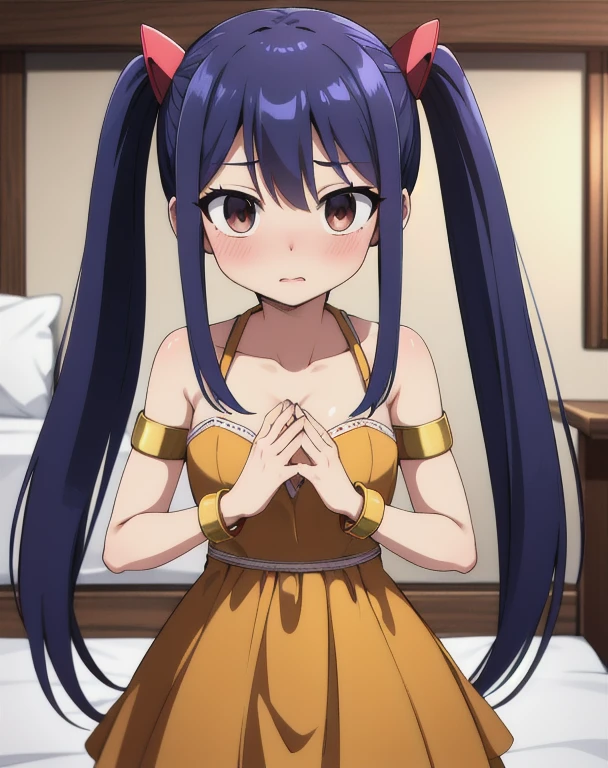 masterpiece, highest quality, High resolution, Arwendy, Long Hair, Twin tails, hair ornaments, Exposing shoulders, 
,Bracelet, bracelet, Bedroom,Cowboy Shot, 
Embarrassed,press breasts together