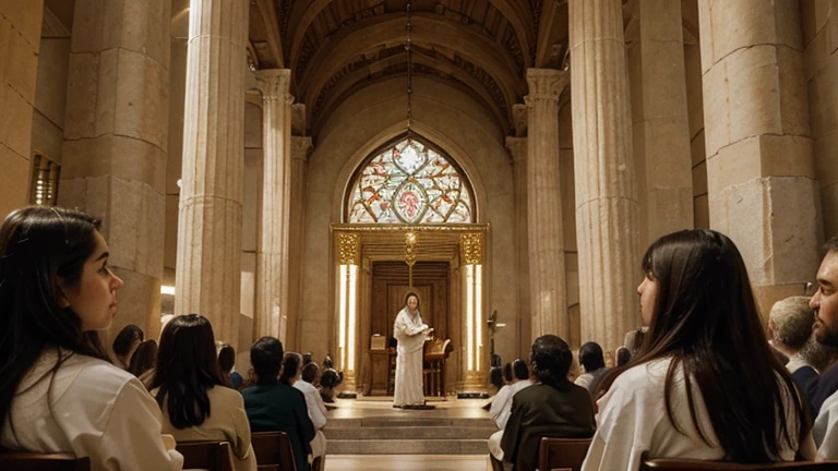 "A vivid and realistic scene depicting Jesus teaching a group of people in the temple of Jerusalem. Jesus is at the center, standing or seated in a position of authority, dressed in traditional robes, with a calm and compassionate expression. He is surrounded by a diverse crowd of listeners, including men, women, and children, all intently focused on his words. The temple's grand architecture, with its majestic columns and intricate details, forms the backdrop, highlighting the significance of the setting. The atmosphere is filled with a sense of reverence and curiosity, as people are engaged in the teachings of Jesus. Sunlight filters through the openings in the temple, casting a warm glow on the scene and illuminating the faces of the attentive crowd. The overall composition captures the importance of the moment and the spiritual connection between Jesus and his followers. The image size is 16:9, providing a widescreen view of the entire scene."