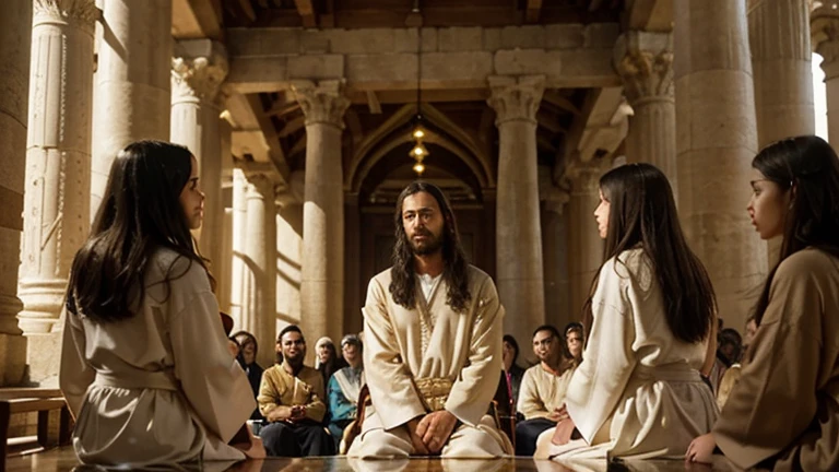 "A vivid and realistic scene depicting Jesus teaching a group of people in the temple of Jerusalem. Jesus is at the center, standing or seated in a position of authority, dressed in traditional robes, with a calm and compassionate expression. He is surrounded by a diverse crowd of listeners, including men, women, and children, all intently focused on his words. The temple's grand architecture, with its majestic columns and intricate details, forms the backdrop, highlighting the significance of the setting. The atmosphere is filled with a sense of reverence and curiosity, as people are engaged in the teachings of Jesus. Sunlight filters through the openings in the temple, casting a warm glow on the scene and illuminating the faces of the attentive crowd. The overall composition captures the importance of the moment and the spiritual connection between Jesus and his followers. The image size is 16:9, providing a widescreen view of the entire scene."
