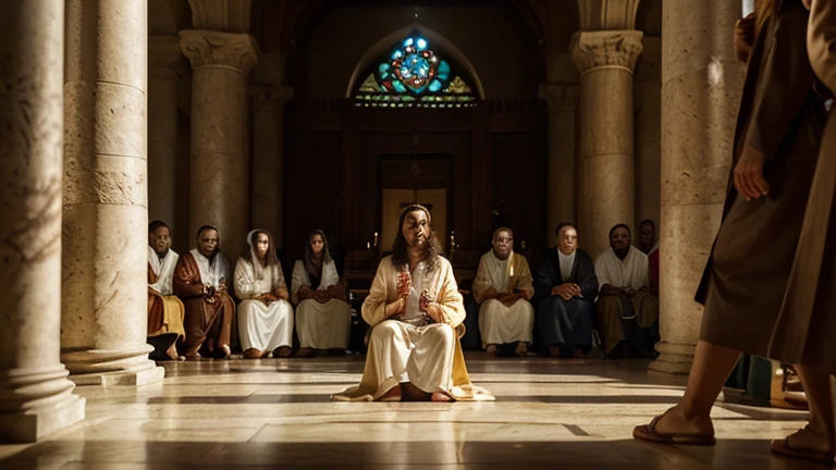 "A vivid and realistic scene depicting Jesus teaching a group of people in the temple of Jerusalem. Jesus is at the center, standing or seated in a position of authority, dressed in traditional robes, with a calm and compassionate expression. He is surrounded by a diverse crowd of listeners, including men, women, and children, all intently focused on his words. The temple's grand architecture, with its majestic columns and intricate details, forms the backdrop, highlighting the significance of the setting. The atmosphere is filled with a sense of reverence and curiosity, as people are engaged in the teachings of Jesus. Sunlight filters through the openings in the temple, casting a warm glow on the scene and illuminating the faces of the attentive crowd. The overall composition captures the importance of the moment and the spiritual connection between Jesus and his followers. The image size is 16:9, providing a widescreen view of the entire scene."