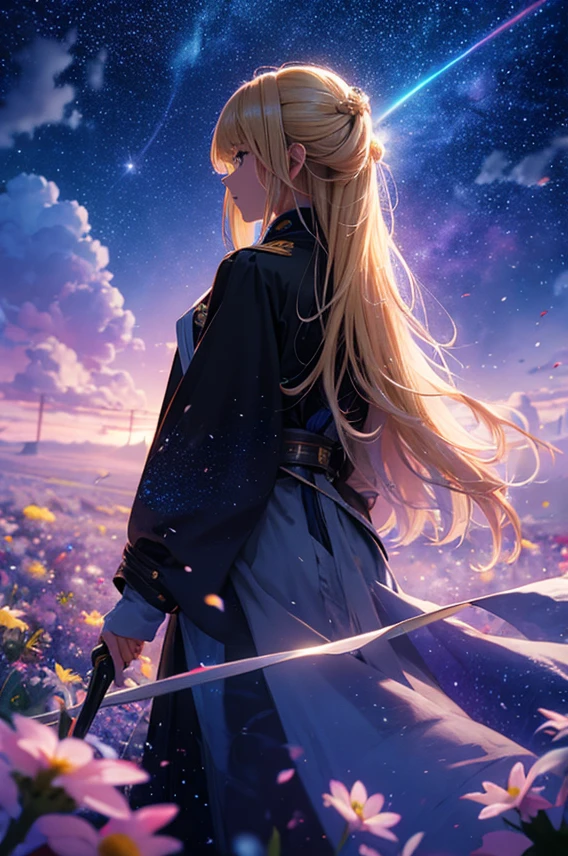 １people々々々々々々々,Blonde long-haired woman，Long coat， Dress Silhouette， Rear View，Space Sky, Starry Sky，rainbow，Flower Field，Colorful flowers