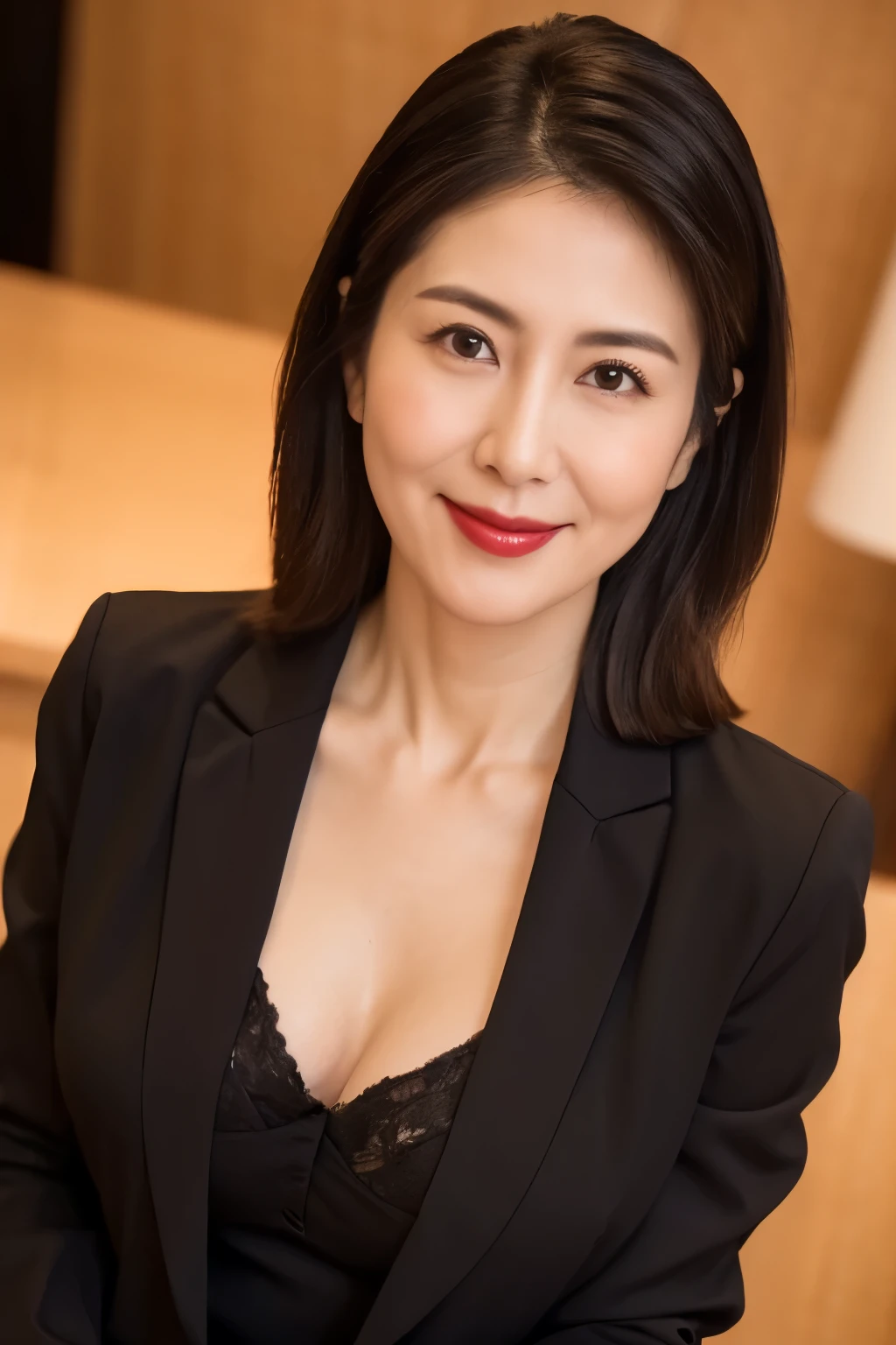 One Japanese woman, Detailed face, Red lipstick, Captivating look, From the chest up, highest quality, Very detailed, Perfect Anatomy, Wearing a black suit, Straight Hair, Age 37, mature, sexy, A slight smile, Well-shaped D cup breasts, Cleavage, office, (Looking at the camera), (From above)