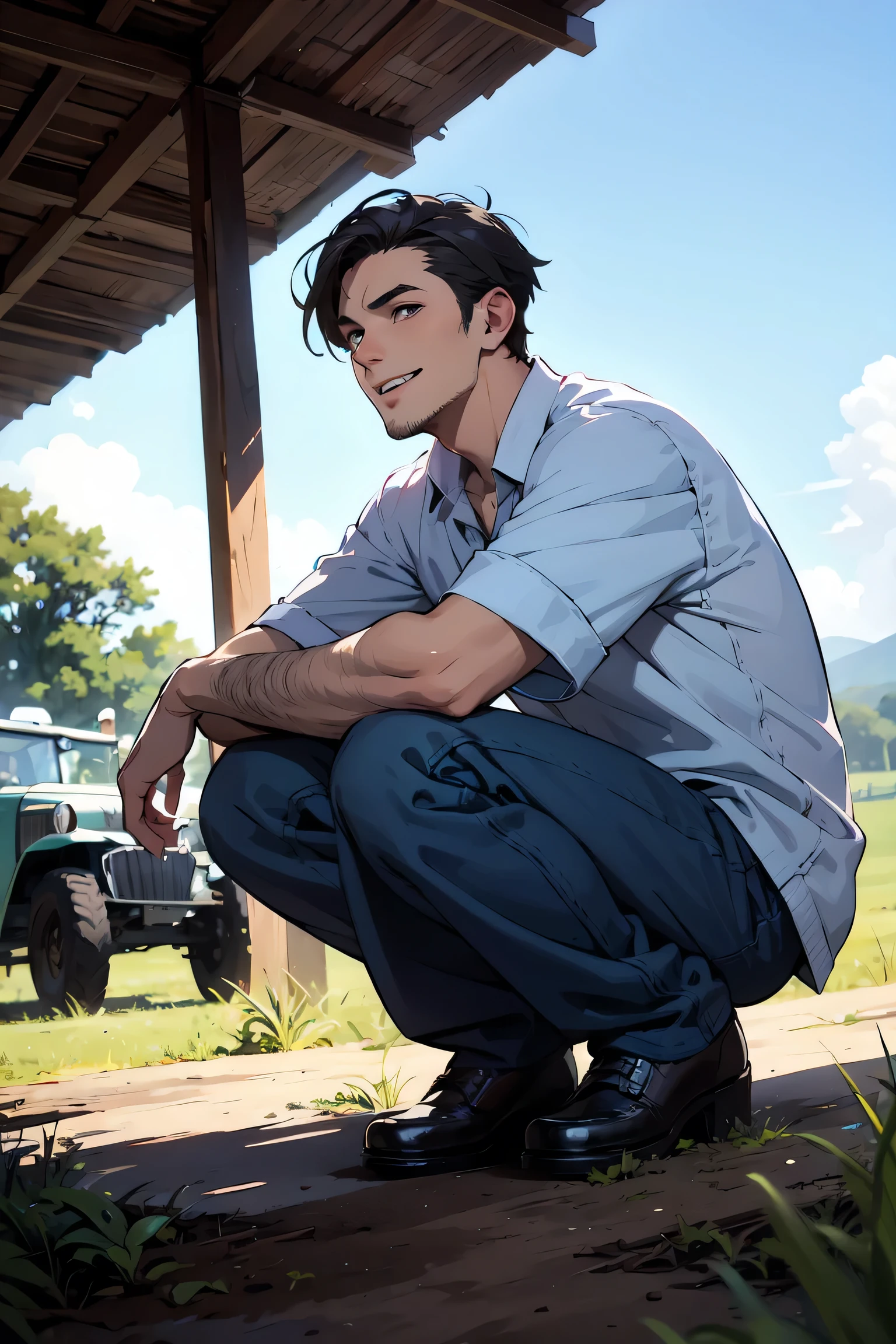 Handsome Men Short hair ,squatting ,casual ,farm,happy , dutch angle