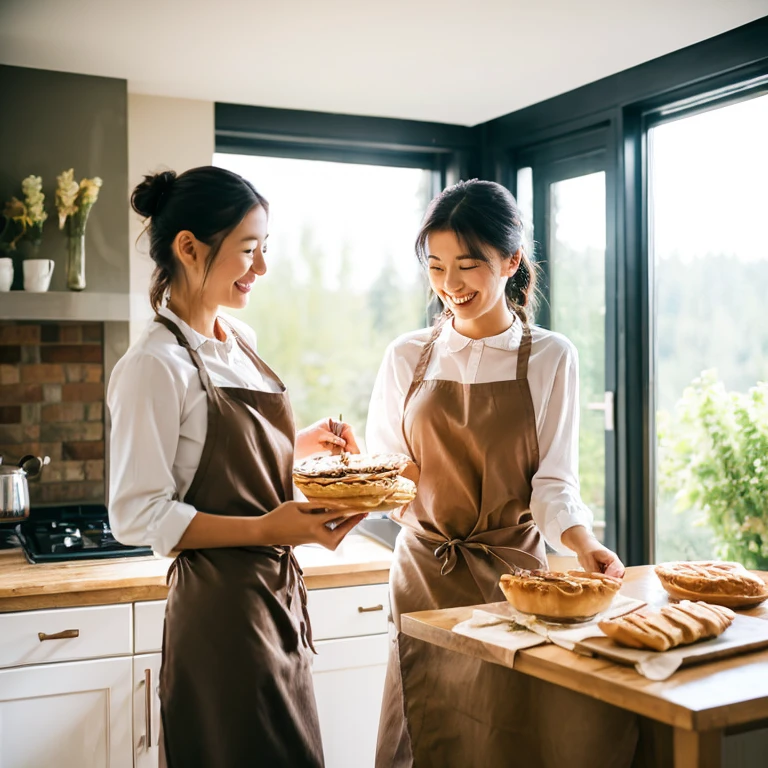 Smiling children and their mothers, Making pastries and pies, Home kitchen with large windows, Natural light, very