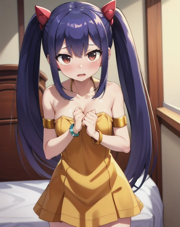 masterpiece, highest quality, High resolution, Arwendy, Long Hair, Twin tails, hair ornaments, Exposing shoulders,
,Bracelet, bracelet, Bedroom,Cowboy Shot,
Embarrassed,grabbing own breasts
