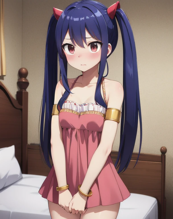 masterpiece, highest quality, High resolution, Arwendy, Long Hair, Twin tails, hair ornaments, Exposing shoulders, 
,Bracelet, bracelet, Bedroom,Cowboy Shot, 
Embarrassed,grabbing own breasts