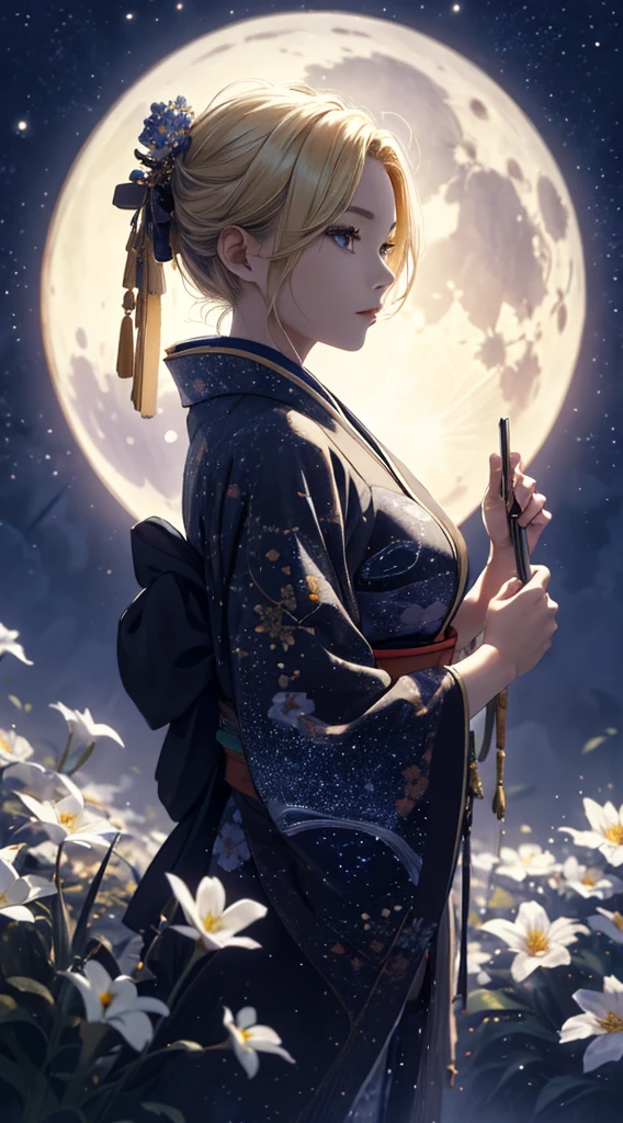 masterpiece, high quality, 4K, Beautiful design, silhouette,blonde, 非常に詳細な夜のStarry Sky,Flower Field, wonderful, Finer details, Very knowledgeable woman, Highly detailed solo, 1 female,Beautiful Eyes,I like rumors,Big Breasts,kimono,Night view,Starry Sky,full moon,