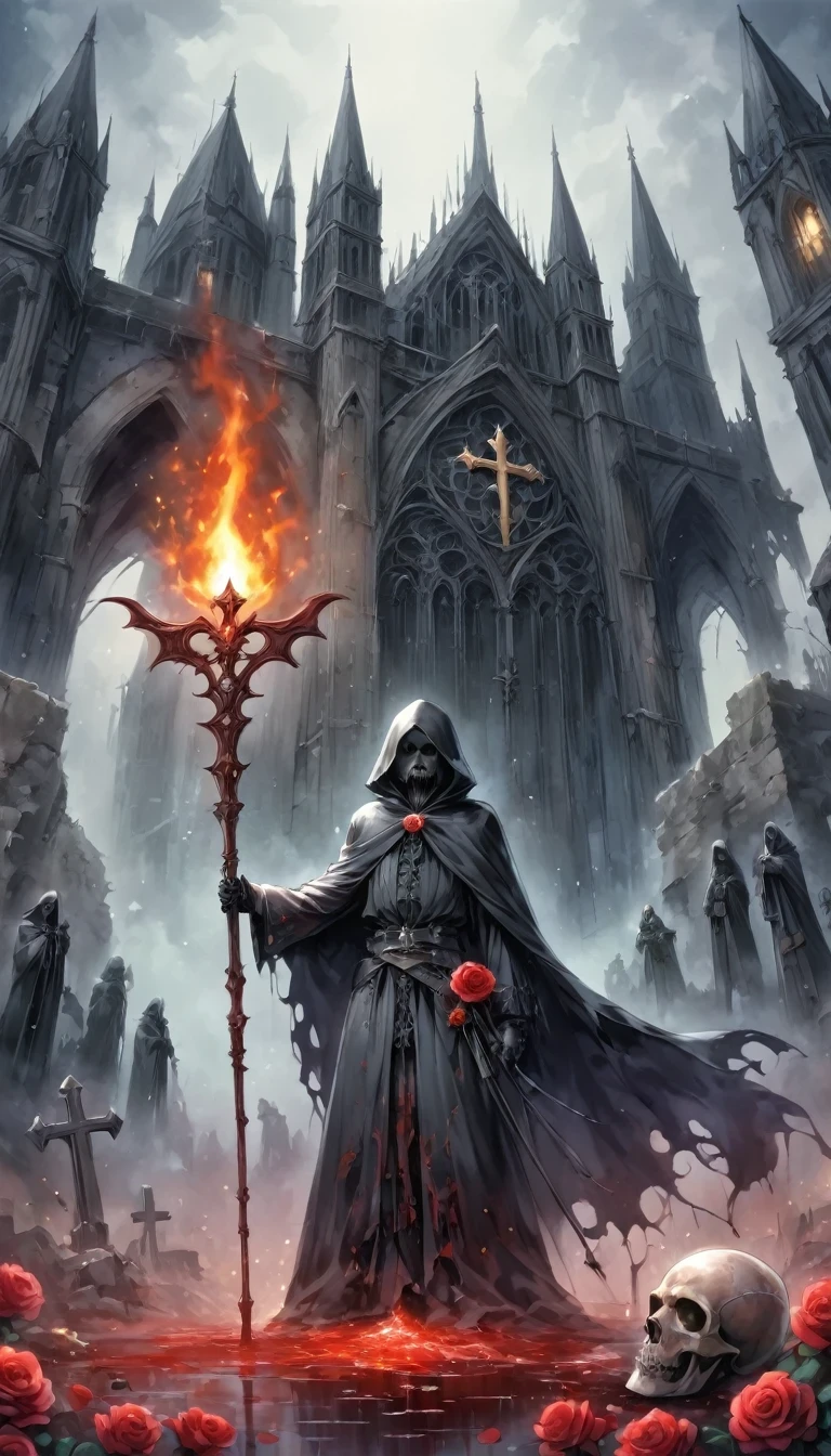 (Messenger from Hell:1.4),Grim Reaper with a giant scythe,Viewpoint from below,Dark Hell,magma,flame,(Purple flame:1.3),There is fresh Blood on the ground,Blood pool,dripping Blood,Dark Gothic Aesthetics,bat、Rose、dark castle、cross、Blood、Churchyard, etc...,These elements reflect the mysterious feeling of Gothic style.、stately、Deep Functionality。Gothic style,Gothic style,on the theme of,cloak、Rose symbolizes romance、grave、Reaper、ruins、Gothic cathedrals, etc.,Common elements of Gothic symbols。