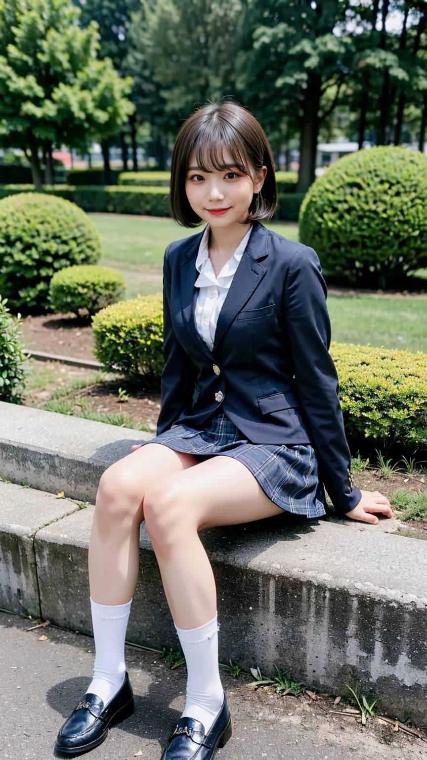 (8k、RAW Photos、highest quality、masterpiece:1.2)、(Realistic、Realistic)、1 girl、((Navy Blue Blazer、 uniform、shirt、Black socks、White checked mini skirt、Big Breasts、View from the front、loafers、garden、smile、whole body、Short Hair、Sitting))、Lots of eyelashes、Glowing eyelids、skeletally correct