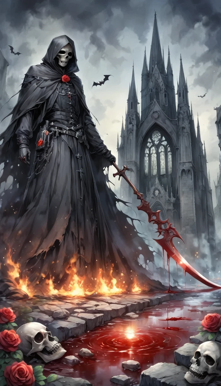 (Messenger from Hell:1.4),Grim Reaper with a giant scythe,Viewpoint from below,Dark Hell,magma,flame,(Purple flame:1.3),There is fresh Blood on the ground,Blood pool,dripping Blood,Dark Gothic Aesthetics,bat、Rose、dark castle、cross、Blood、Churchyard, etc...,These elements reflect the mysterious feeling of Gothic style.、stately、Deep Functionality。Gothic style,Gothic style,on the theme of,cloak、Rose symbolizes romance、grave、Reaper、ruins、Gothic cathedrals, etc.,Common elements of Gothic symbols。