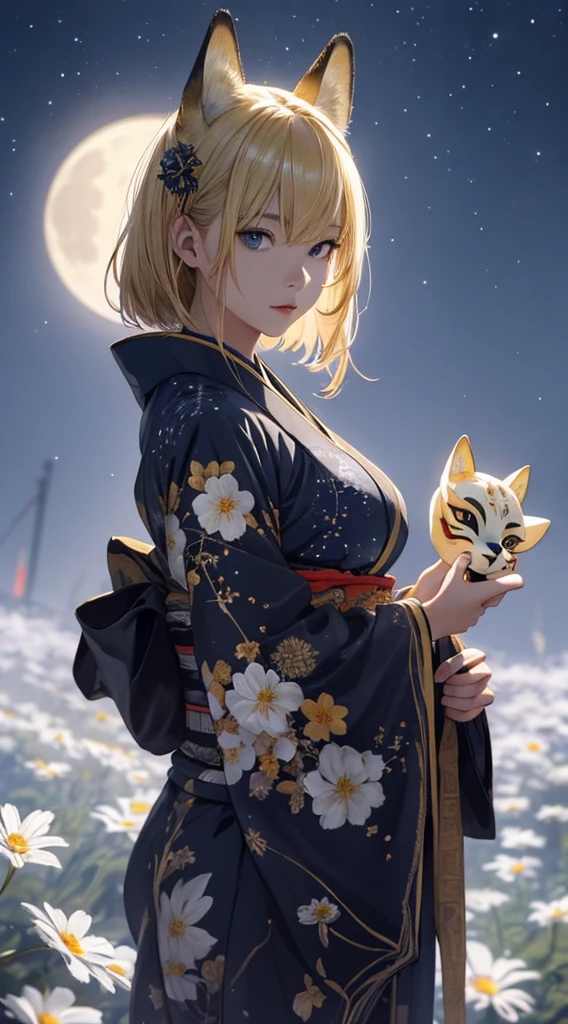 masterpiece, high quality, 4K, Beautiful design, silhouette,blonde, 非常に詳細な夜のStarry Sky,Flower Field, wonderful, Finer details, Very knowledgeable woman, Highly detailed solo, 1 female,Beautiful Eyes,Fox Mask Template,I like rumors,Big Breasts,kimono,Night view,Starry Sky,full moon,