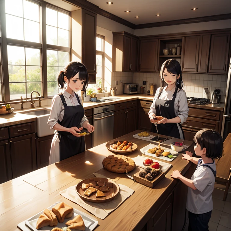 Smiling  and their mothers, Making pastries and pies, Home kitchen with large windows, Natural light, Very detailed.