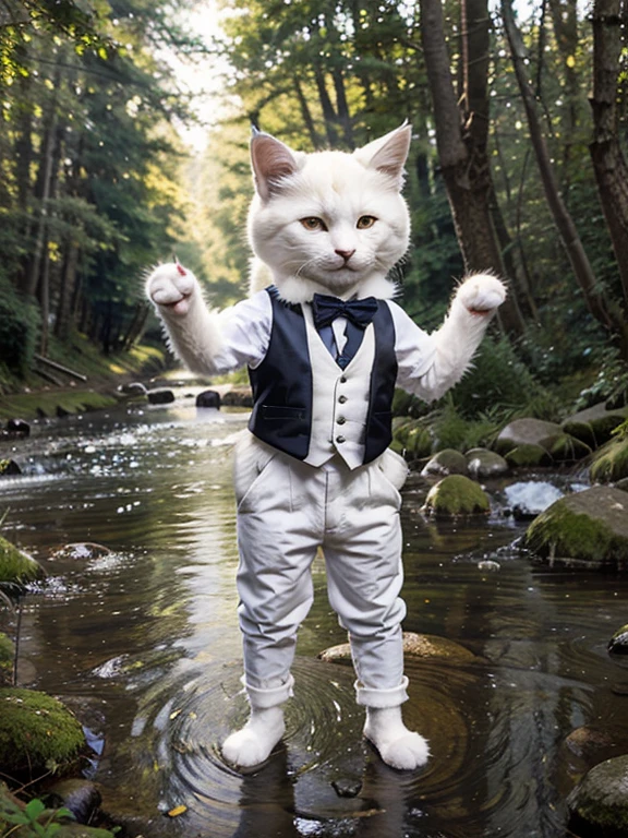 a cat with white fur stands on his hind legs dressed in pants and a vest, Charming smile, In the woods, a stream flows