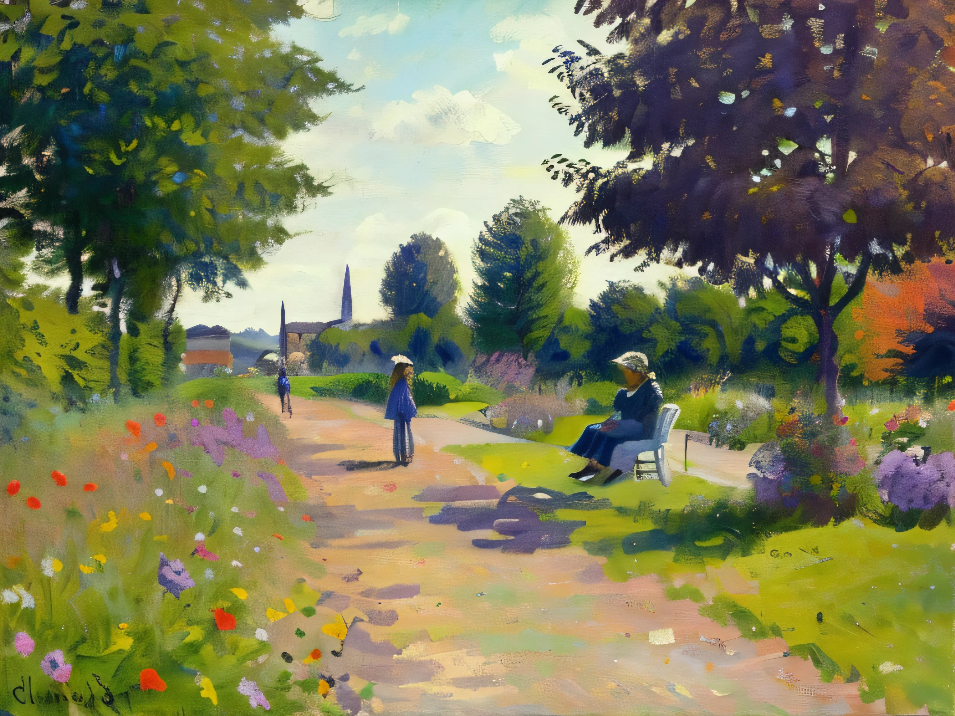 Paint me a big picture, An impressionist painter depicts a couple dressed in 19th-century style walking in a French public garden,The garden has a bandstand and benches, Inspired by the work of Claude Monet, No Trees. The main colors are green and purple, Big Sky,A few white clouds.