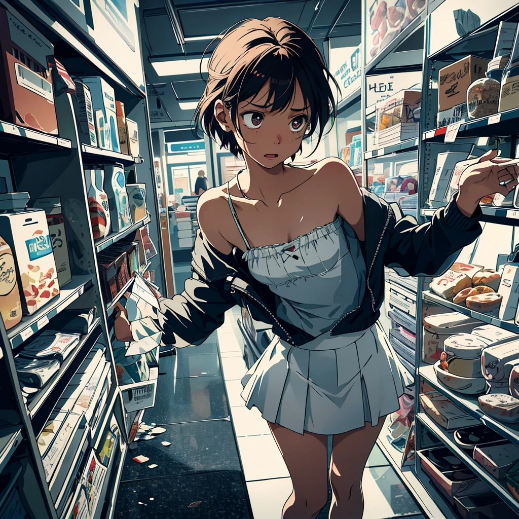 An angelic woman, dressed in a mini skirt and tube top, is frantically searching for a bathroom in a store. She appears panicked and on the verge of tears as she hobbles through the aisles, her knees locked together. The urgency in her eyes is evident as she struggles to find relief. The scene is depicted in a vivid and ultra-detailed manner, with every emotional and physical aspect captured flawlessly. The artwork portrays the woman's fear and desperation, immersing the viewer in her predicament. The lighting accentuates her features, emphasizing the anxiety and distress in her expression. The color palette is vibrant, allowing for a heightened sense of drama. The artwork is rendered with a realistic, almost photographic quality, showcasing the woman's delicate features and the texture of her clothing. The sharp focus further enhances the level of detail, showcasing the artist's skill and precision.