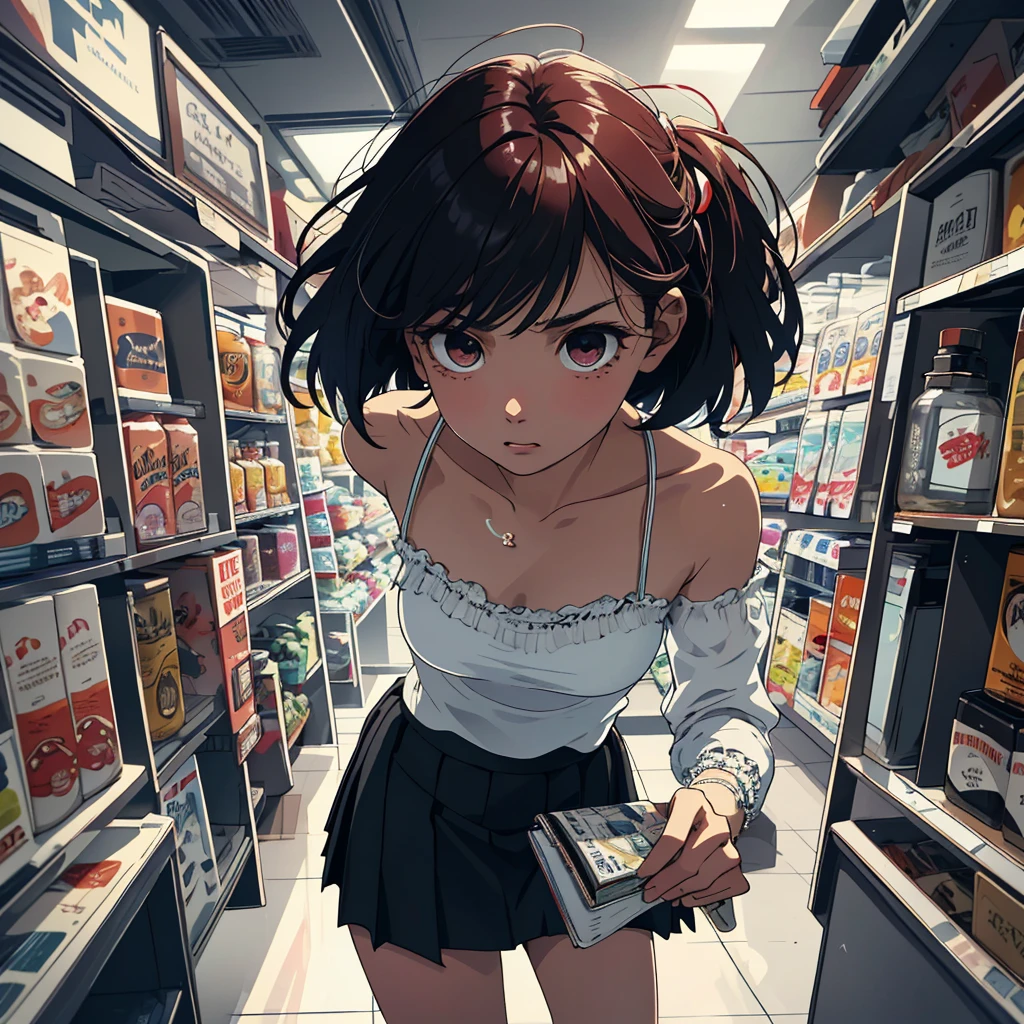 An angelic woman, dressed in a  and tube top, is frantically searching for a bathroom in a store. She appears panicked and on the verge of tears as she hobbles through the aisles, her knees locked together. The urgency in her eyes is evident as she struggles to find relief. The scene is depicted in a vivid and ultra-detailed manner, with every emotional and physical aspect captured flawlessly. The artwork portrays the woman's fear and desperation, immersing the viewer in her predicament. The lighting accentuates her features, emphasizing the anxiety and distress in her expression. The color palette is vibrant, allowing for a heightened sense of drama. The artwork is rendered with a realistic, almost photographic quality, showcasing the woman's delicate features and the texture of her clothing. The sharp focus further enhances the level of detail, showcasing the artist's skill and precision.
